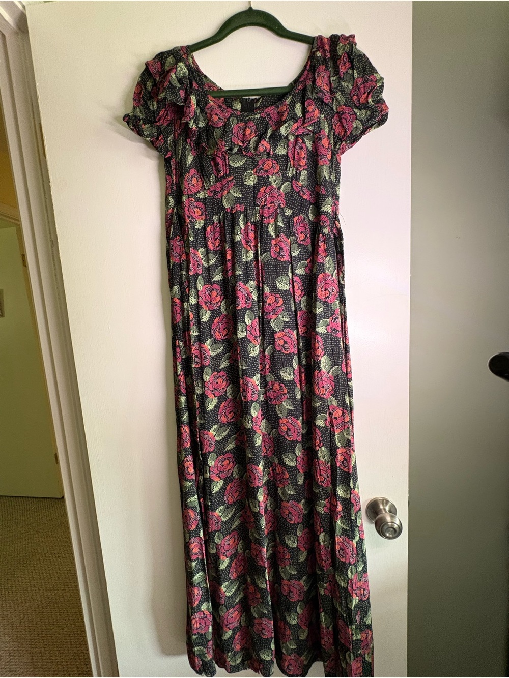 Red Floral Maxi Dress with Short Puff Sleeves